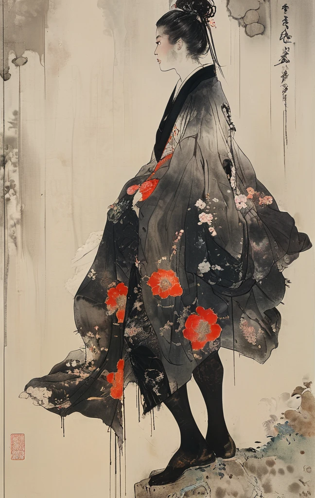 japanese line art , a samurai( Alert! Step into the sleek and versatile world of "Tights" (タイツ). Explore how this garment plays a role in fashion, performance, or everyday style :1.2) lower body missing visible skeletal structure , ripped rags, rope and bloody ground, black skies and large moon , floral damask background , in the style of takato yamamoto ,