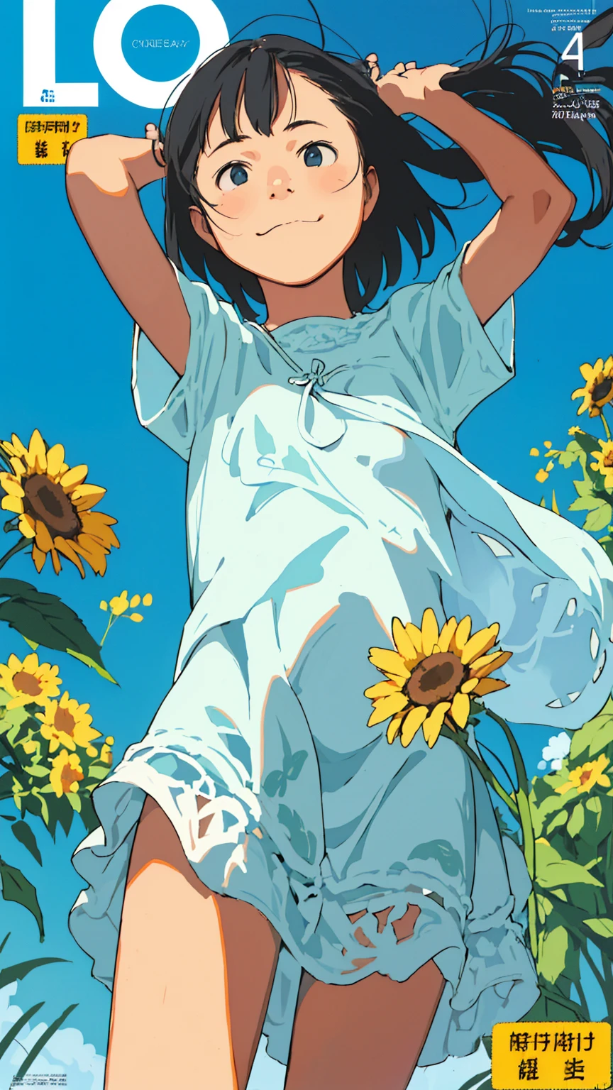 Affordable design, Clear lines, High Sharpness, (Highest quality,8K,Perfect sharpness,Ultra fine,High resolution,masterpiece:1.2), Perfect Anatomy:1.5, Official Art, Illustrations that tell a story, (Whitish background:0. 9）、Body Positivity、多Mr.な身体表現、（Random and energetic poses）、Perfect beauty、Perfect beautiful face、Strong winds、A rich expression、Dynamic composition、smile、Golden ratio composition、colorful、（(Mr.々Different angles and perspectives)）、Anime Art、(Mini dress)、（Overcoming stereotypes）、 Glowing Skin、（Natural beauty）、smile、Bangs、（Soft and flowing hair）、（countryside）、（Nostalgic atmosphere）、Put it up to your thighs、（Playful and carefree）、（多Mr.な民族のキャラクター）、（innocent attitude）、（Sunny atmosphere）、(The skirt flutters wildly in the wind)、（Bright colors）、Beautiful Eyes、(Embarrassing)、Braided Hair、Summer Scene、Smiling among flowers、Fashion magazine cover、Side angle、Angle from below、