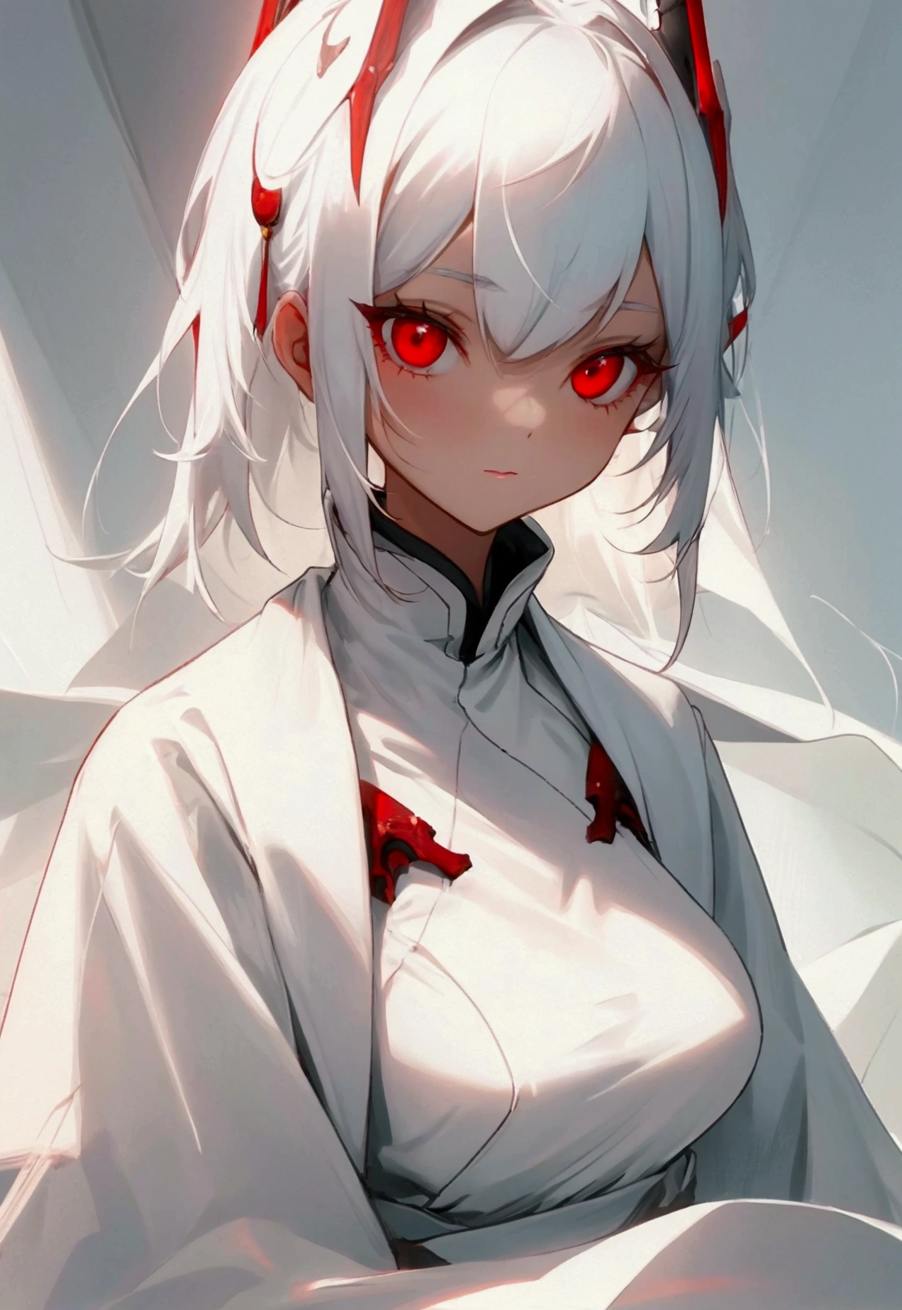 cute girl, with white hair and white clothes with beautiful red eyes