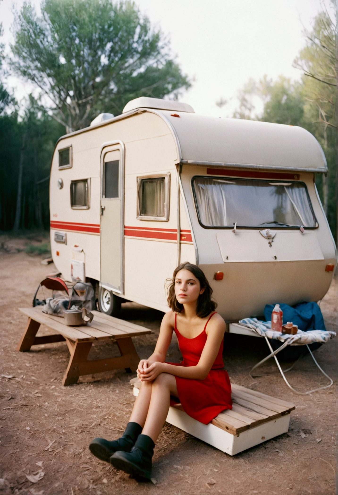 Analogue photography, (Upper Body) Grain Film, Vintage Photography, Portra 400, flash, In the style of lo-fi aesthetics, Girl sitting near camper trailer, Light beige and red,