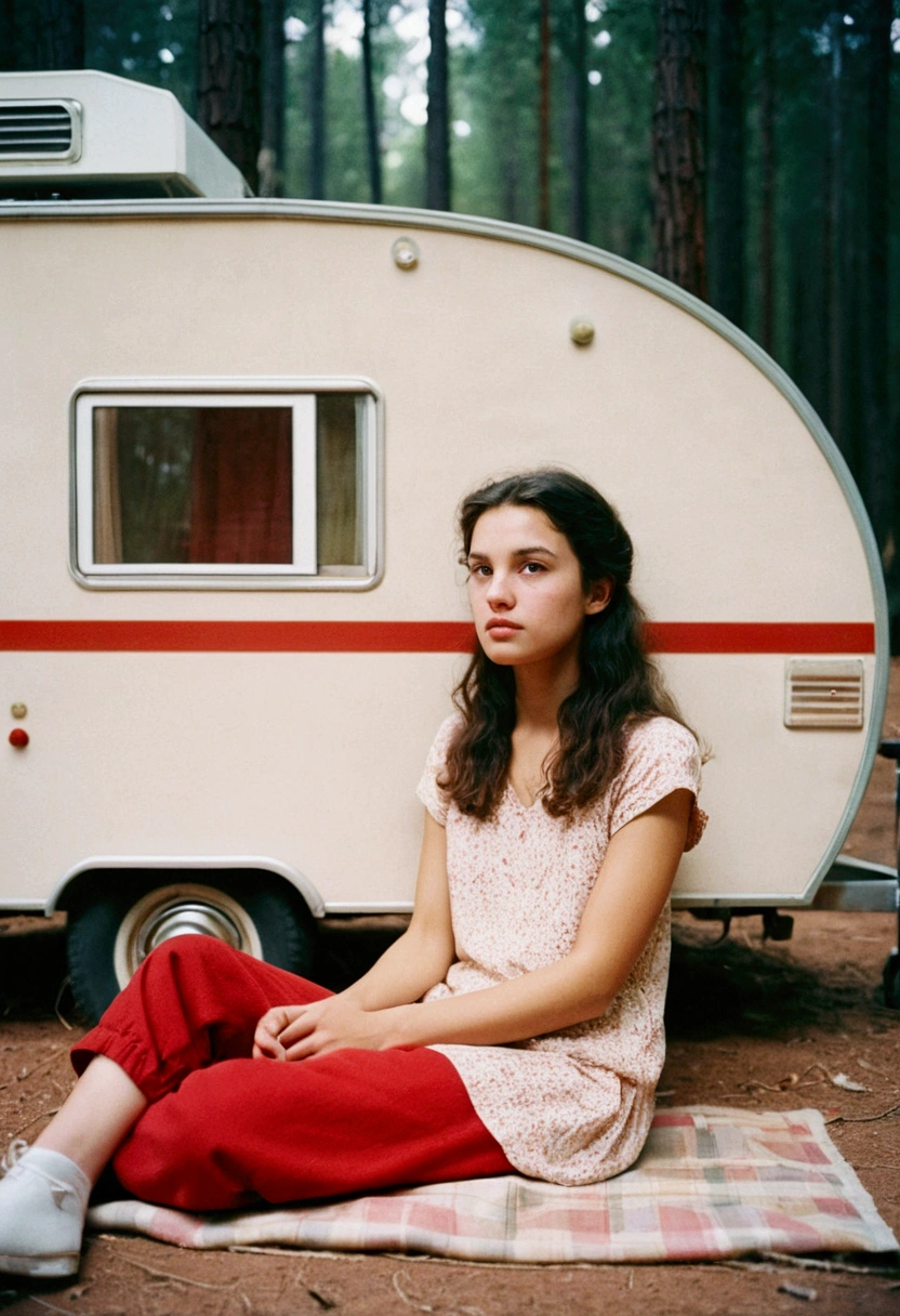 Analogue photography, (Upper Body) Grain Film, Vintage Photography, Portra 400, flash, In the style of lo-fi aesthetics, Girl sitting near camper trailer, Light beige and red,