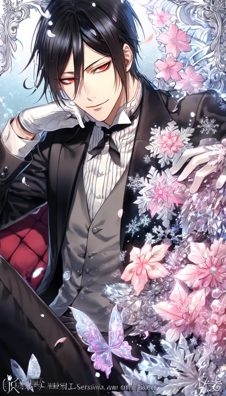 Ultra detailed, HDR, Highres, absurdres, master piece, Sebastian Michaelis, black hair, expressive red eyes, Kuroshitsuji, black jacket, gray vest, white shirt, handsome, ice glittering butterflies, ice, petals, pink ice glass flowers, glittering, water, fantasy, magical, snowflakes, cold, handsome smile, white gloves, Black Butler, solo, sexy man sitting, black pants