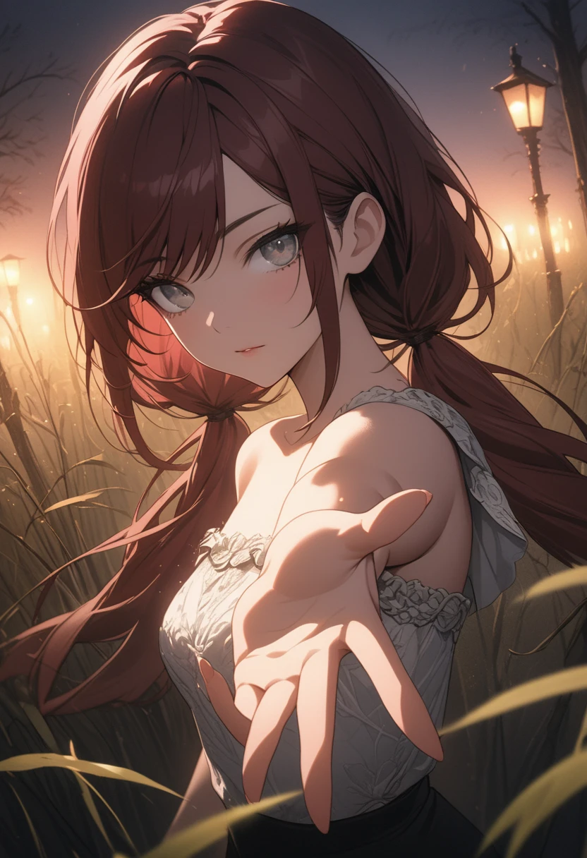 (masterpiece:1.2, Best Quality), (finely detailed beautiful eye: 1.2), (beautiful detailed face), High contrast, (Best Illumination, extremely delicate and beautiful), ((Cinematic Light, reaching out hand to viewer, perfect hand, detailed hand: 1.1)), graveyard sequestered in a swamp, tombstones, tall weeds, colorful flowers, willow trees, dusk, lamp post, Highest Quality, masterpiece, light particles, close up of young woman, gray eyes, dark red hair in low twin tails, swept bangs, stoic, small breasts, toned arms, strapless gray shirt with white trim, black jeans, dusk, dark atmosphere, slate colors, light particles, highest quality, masterpiece
