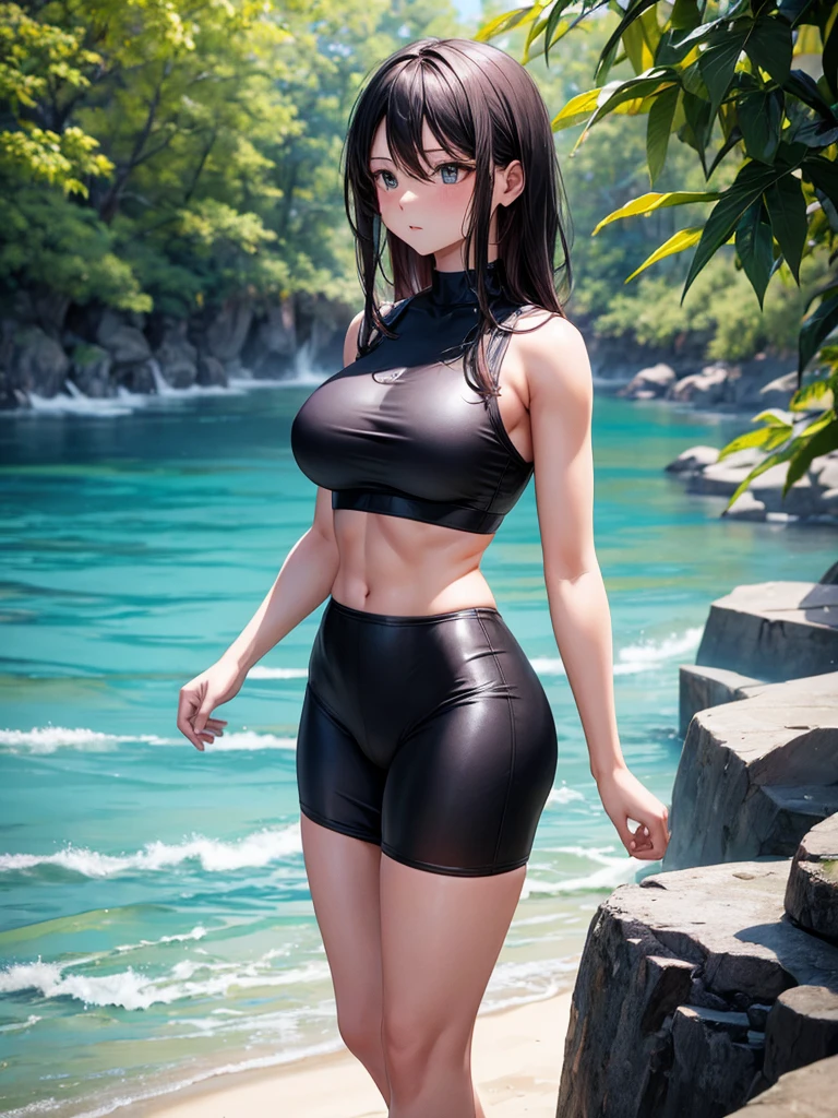 Busty sexy body athletic full body black sportswear standing watching the scenery