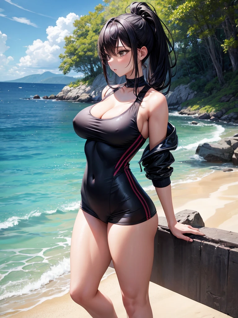 Busty sexy body athletic full body black sportswear standing watching the scenery