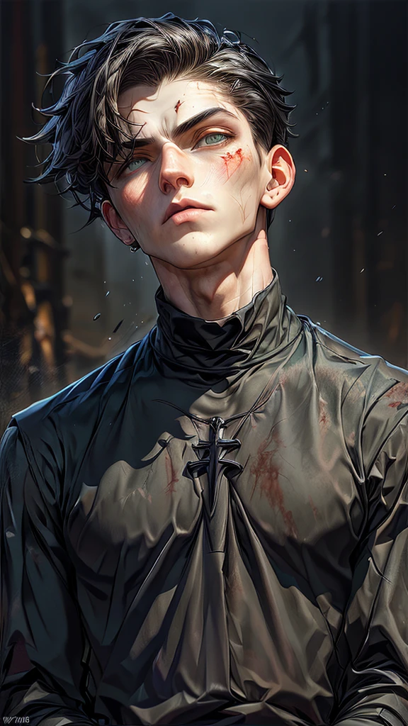 19 year old boy, White skin, wear black clothes, his face expresses sadness and emptiness, his marked jaw, green eyes, marked dark circles, wavy black hair, wounds in front, blood on his face, blood on his forehead, blood on his hands, like a martyr. In the background you can see an abandoned church and a cross.
