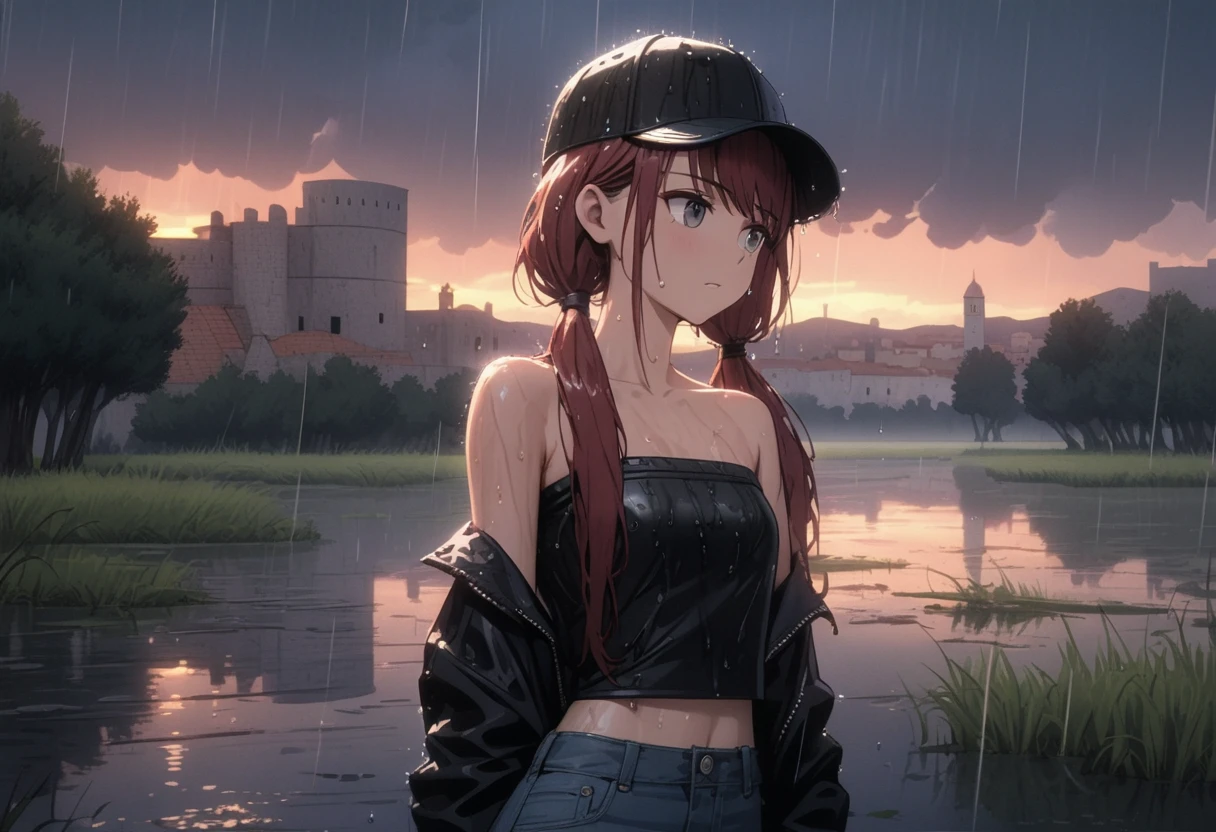 ((Masterpiece)), ((best quality)), (Anime:1.3), (super detail:1.2), (High Definition:1.3), (Professional Photography:1.3), (wide shot), (very aesthetic:1.2), (absurdres:1.2), (sharp focus), (perfect light), 8K, Glossy skin, cinematic lighting, stoic young woman, (strapless black shirt, black baseball cap), (jeans), toned arms, small breast, dark red hair in low twin tails, (gray eyes, swept bangs), stoic, sweat, collarbones, Hair that flutters in the wind, BREAK, ((best quality)), (very aesthetic:1.2), (absurdres:1.2), (Leaning against side of building at night, swamp, willow trees, dusk, rain, wet hair, wet skin, thunderhead clouds)), (Dubrovnik townscape), Beautiful marshlands,