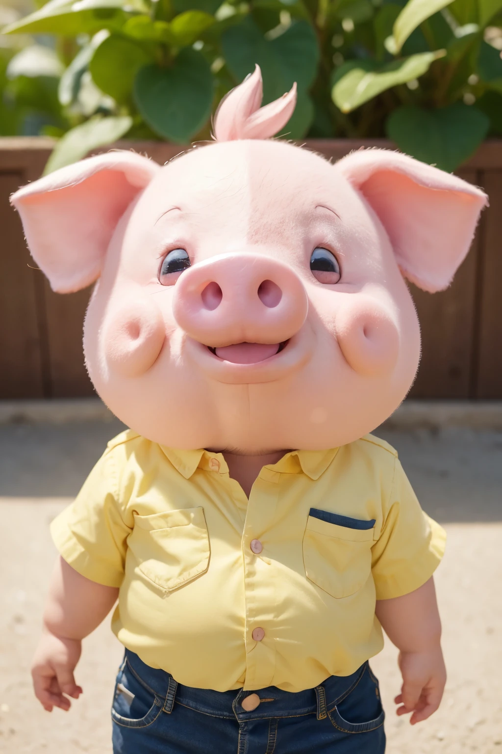 Imagine a little pink pig with big ears and a cute round snout. He is wearing a vibrant yellow shirt that contrasts with his skin color.. The shirt may have buttons down the front and perhaps even a pocket. The little pig is smiling, giving a friendly and cheerful appearance.