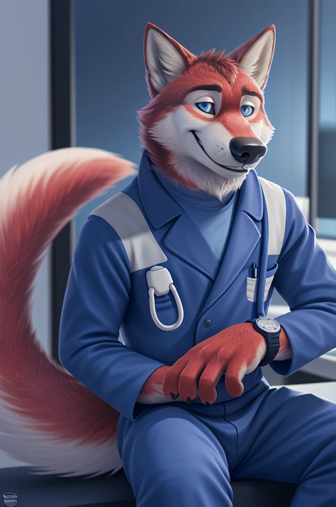 Ivan Fedorovich Wolfbach (Novosibirsk) ,tall handsome, wolf,young, 24 years, brown fur,Kind,(red body:1.3),beautiful blue eyes,Novosibirsk,dressed,medical suit,trousers,sandals, canine, wolf, detailed fur, male, second, paw pads, finger claws,At the viewer, 5 fingers, paws, 5 fingers, smile, wrist watch, т nextel,by xenoforge, (difficult, high detail, digital photography, soft focus, RAW,is sitting кабинете врача окулиста, ,Very close to the camera, variety,Novosibirsk, smile, good mood, positive, Very close to the camera, medical suit, the office distributes a stethoscope,
Photorealism, realistic, photorealistic, digital style, Subsurface scattering,I'm looking at the viewer,is sitting, office oculist doctor oculist,
masterpiece, Best quality, ultra realistic, 8 thousand.)