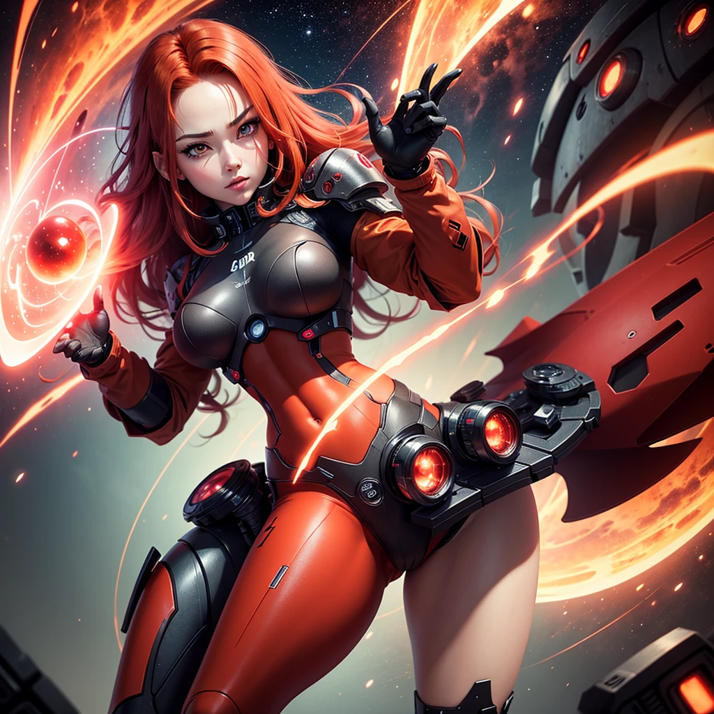 Cyborg girl Android red hair beautiful sexy big hips stands straight look down camera angle from below background cosmic red flashes of red color horizon flat
