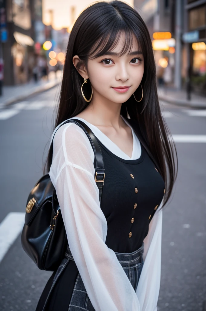 18 year old girl with perfect face and big, café, hands cross in front of body, cute clothes, slim and slender physique. The skin has detailed and highly detailed eyes (1.1 emphasis), very detailed skin texture (1.1 emphasis). Slender necklace, model photo style, photorealistic, skin texture is real human skin texture, detailed skin pores, complex details, eyes are very detailed, tight skirt with black pattern: 1.5, fluffy cream shirt with sleeves: 1.2, beige bag, street, smiling, viewer's gaze, waist up, with hair