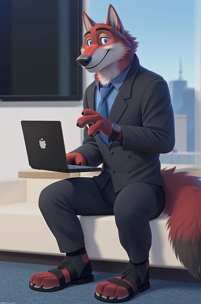 Joachim Wolfbach (Zootopia),tall handsome, wolf,young, 24 years, brown fur, hair on the head,(red body:1.3),Blue eyes, Moscow Dressed, shirt,blazer, tie,trousers,sandals,canine, wolf, detailed fur, Male, antro, paw pads, finger claws,holding a laptop, at viewer, 5 fingers, paws, 5 fingers, smile, happy, resting, wrist watch, т nextel, sitting at home watching TV, by xenoforge, (difficult, high detail, film photography, soft focus, RAW, pilot by training,smile смех
фотореализм, realistic, photorealistic, analog style, Subsurface scattering,
masterpiece, Best quality, ultra realistic, 8 k)