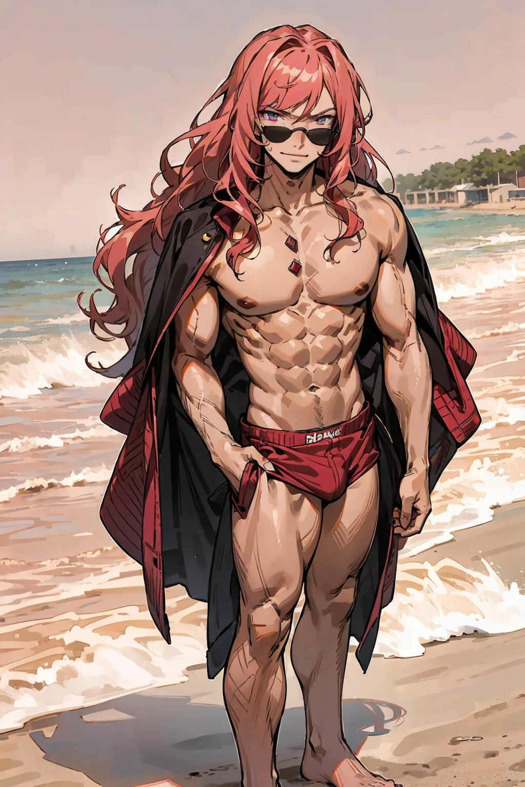 1male, Young Adult, Dark Red Hair, Light Pink Hair, ,Muscular, Curly Hair, Long Hair, Two Toned Hair, Sunglasses, Magenta Colored Eyes, Smirk, Standing On Beach