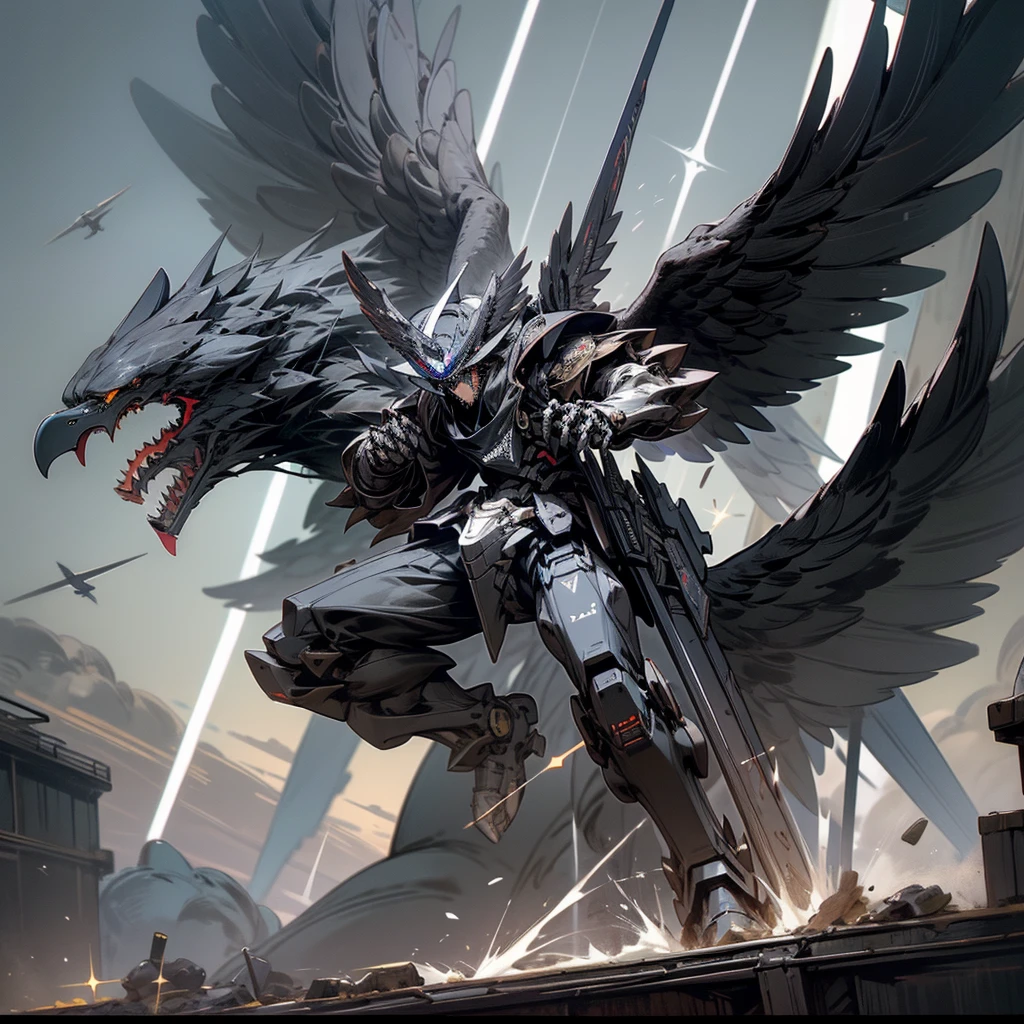 black Mecha, Eagle Helmet, Claw weapons, Giant Wings,attack, blackくなった, navy, Extremely high detail, black, beast, animal, myth, dark, knight, fly in the sky,Laser beam