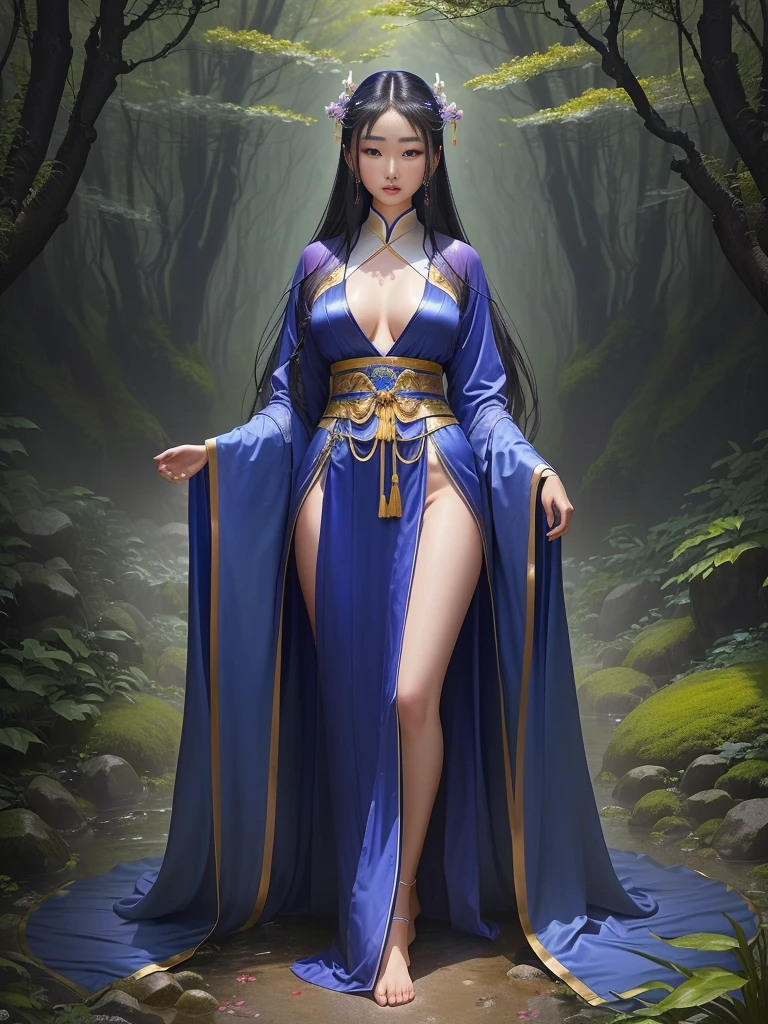 An Asian succubus enters the scene through banks of fog. She carries a staff with a dildo at the tip. Her clothes are ornate and highly detailed, reminiscent of nobility. She seductively flashes one breast towards the viewer. The atmosphere is tense and dark.