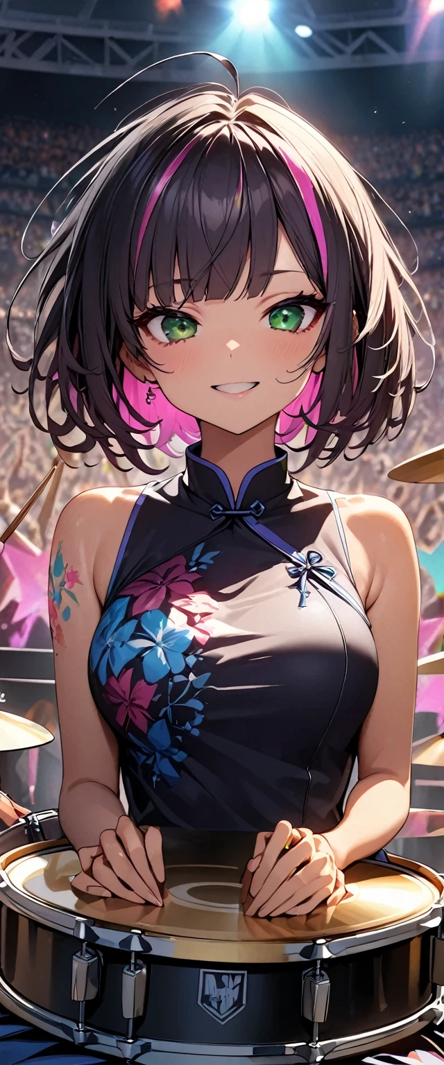 (highest quality:1.2, Very detailed, up to date, Vibrant, Ultra-high resolution, High Contrast, masterpiece:1.2, highest quality, Best aesthetics), girl、slim, , heterrochromia, green eye, red eye, Passionate performance、stage、performance、Rock Music、Bright colors、Beautiful fine details、Beautiful lip detail、extra short hair, ((bob cut:1.5))、pink and purple ((streaked hair:1.9)), (highlights hair: 1.6), middium breast, (tan skin:1), ((sitting at a drum set and playing the drums. The drum set includes a bass drum, snare drum, toms, floor toms, hi-hat, crash cymbals, ride cymbals, and a china cymbal.)) , (holding one drum srick on the both hands:1.5), Music band、(powerful pose:1)、beating cymbals with drum sticks, Concert Light、Edgy Style、colorful Cheongsam, (no sleeve:1)、Dynamic Movement、hypnotic sounds、Stadium、amplifier、Loud music、,Sparkling stage、Concert atmosphere、Music Festival、Full of emotion、Rock star attitude、Resolute expression、Avid Fan、The presence of an attractive stage、 Expressive gestures、Rock star aura、An exciting atmosphere、Sing with all your heart、An unforgettable show, (Floral Fineline tattoo design on right arm:1),
