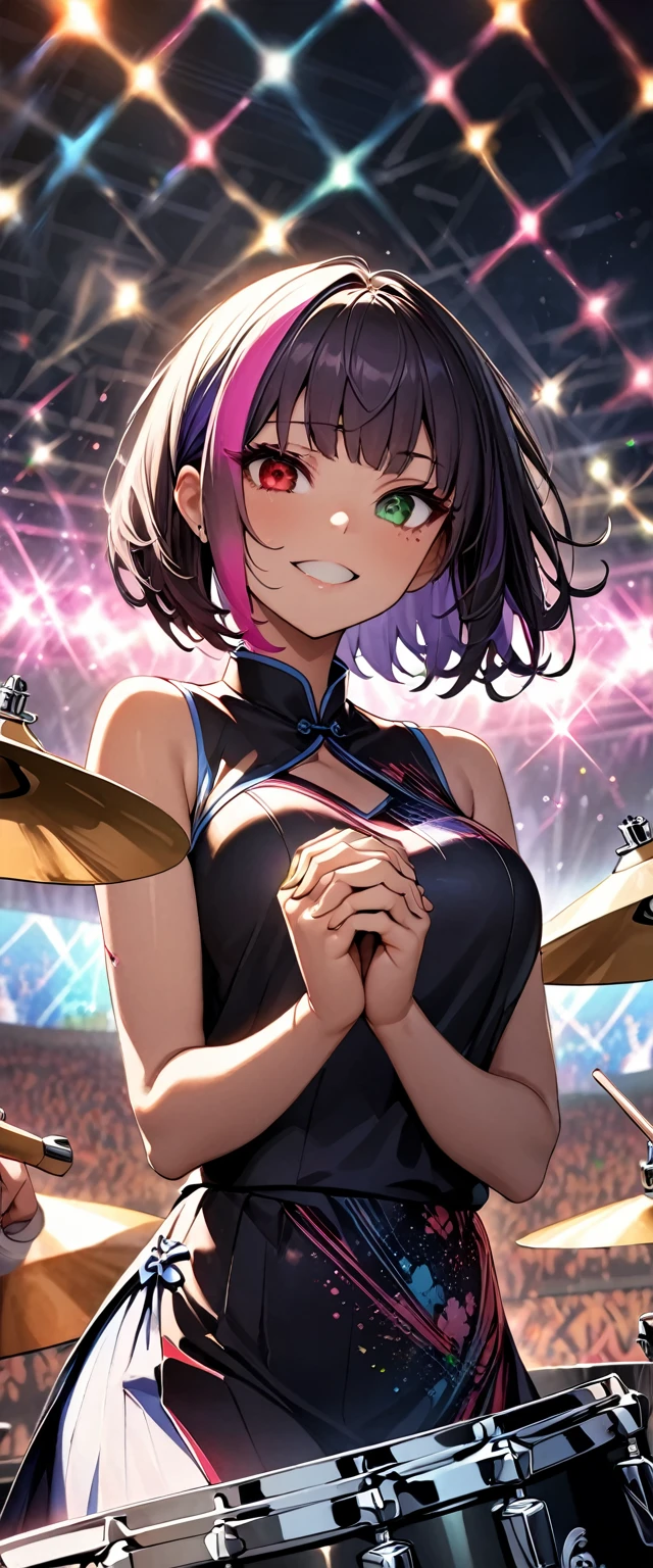 (highest quality:1.2, Very detailed, up to date, Vibrant, Ultra-high resolution, High Contrast, masterpiece:1.2, highest quality, Best aesthetics), girl、slim, , heterrochromia, green eye, red eye, Passionate performance、stage、performance、Rock Music、Bright colors、Beautiful fine details、Beautiful lip detail、extra short hair, ((bob cut:1.5))、pink and purple ((streaked hair:1.9)), (highlights hair: 1.6), middium breast, (tan skin:1), ((sitting at a drum set and playing the drums. The drum set includes a bass drum, snare drum, toms, floor toms, hi-hat, crash cymbals, ride cymbals, and a china cymbal.)) , (holding one drum srick on the both hands:1.5), Music band、(powerful pose:1)、beating cymbals with drum sticks, Concert Light、Edgy Style、colorful Cheongsam, (no sleeve:1)、Dynamic Movement、hypnotic sounds、Stadium、amplifier、Loud music、,Sparkling stage、Concert atmosphere、Music Festival、Full of emotion、Rock star attitude、Resolute expression、Avid Fan、The presence of an attractive stage、 Expressive gestures、Rock star aura、An exciting atmosphere、Sing with all your heart、An unforgettable show, (Floral Fineline tattoo design on right arm:1),