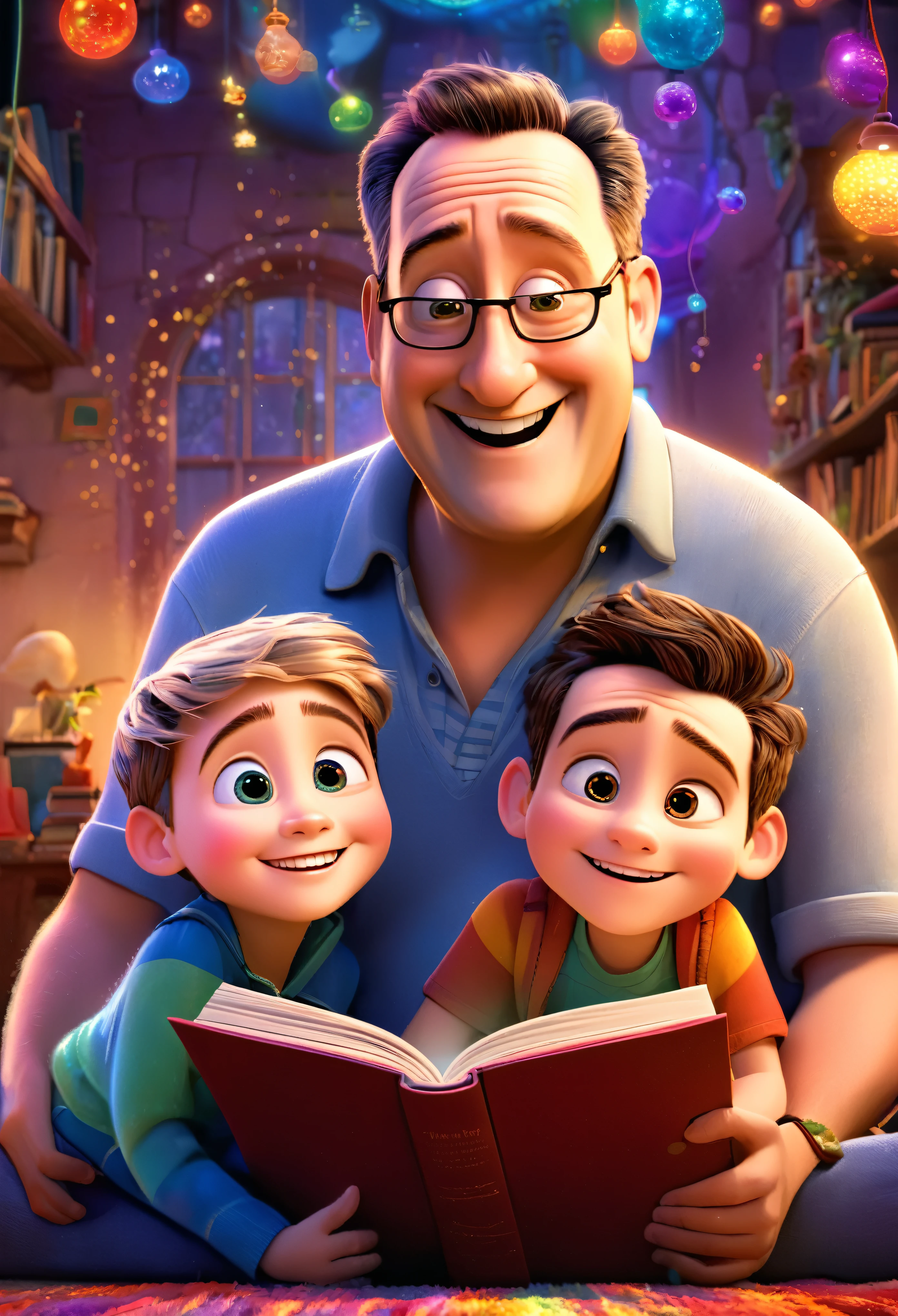 (wide range:1.5),(bright and vibrant colors), (high resolution), (realisitic:1.37), Disney Pixar Movie Poster, (arte de Kevin James), skinny, no muscle, (55 year old man and his son),father and son, (beautiful detailed eyes:1.1), (beautiful detailed lips:1.1), smiling with a warm expression, (charming appearance:1.1), (professional lighting), (ultra-thin rendering), upper-body shot, (expressive facial features:1.1), reading a book to her son, (reading carefully:1.1), surrounded by magical elements representing different Pixar films, (dynamic composition), (whimsical details), (playful characters), vibrant background, full of color and joy, (3D rendering), (fantastic art style), (nostalgic aesthetic), (attention to the details:1.1).
