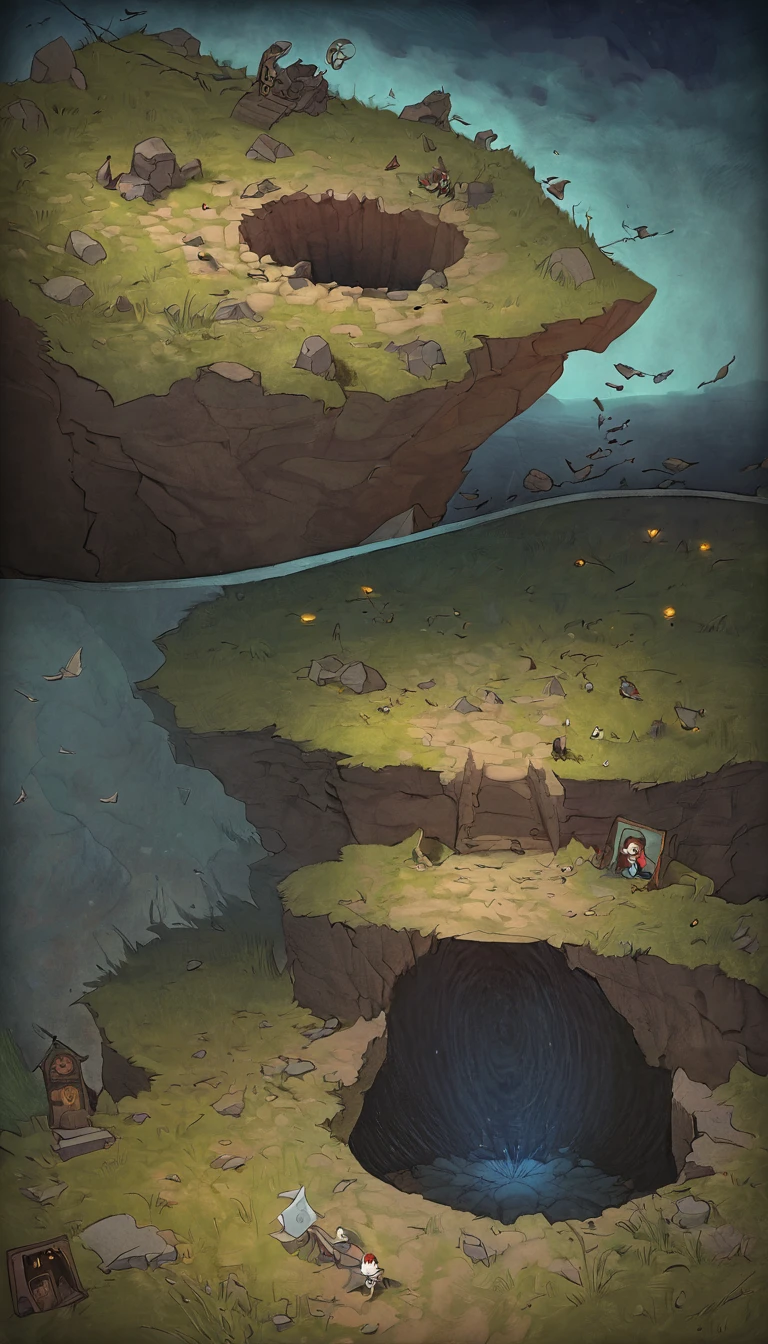 view from above, huge vertical hole that suddenly appears in the middle of empty grassland, the abyss, spiral staircase made of stone that descends underground along rocky wall, mysterious bird flying, girl with mysterious smile sitting on cliff, rusty and broken robots scattered here and there, the birth of death, the death of birth, cute dark fantasy in the style of Grimm's fairy tales, Hans Christian Andersen's fairy tales, and Aesop's fables