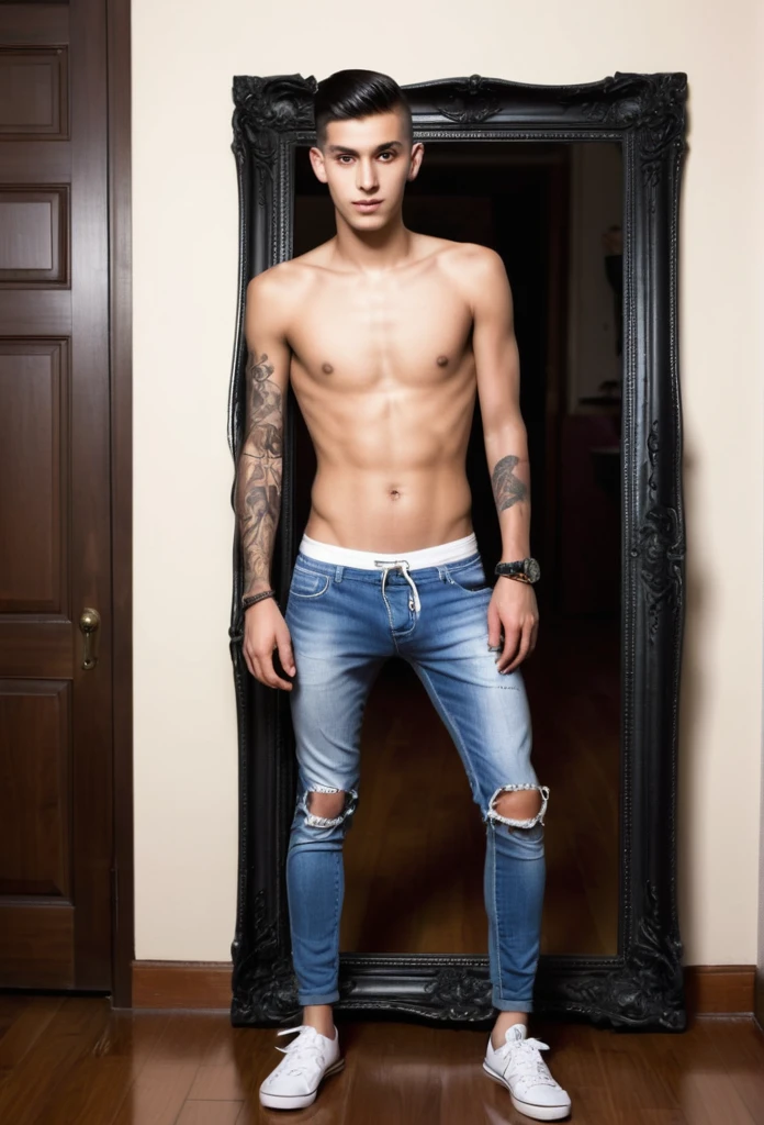 Full head to toes person in the image! 21 year old guy, Indian, twink, very skinny, skinny, skinhead,  a bit hairy, no shirt, no shirt, a big tatoo of a skull on his belly, skull tattoo on his abdomen , piercings, big bulge , full body in frame, full person in picture, head to toes in picture frame, show legs, catch full person in the picture frame, wearing tiny Speedo's, Speedo's, Speedos, Pinterest, tumblr, flegmatic attitude, arrogance, evil grin, evil smirk , smile, aggressive stance, aggressive  looks, aggressive attitude, bad boy, punching, kicking the air, white shoes, in the living room, show his shoes in the frame , show entire person in the image, put him in the picture not only upper part. Generate an image featuring a person standing upright with their entire body visible from head to toe. Ensure that the person is centered in the frame and that no body parts are cropped out of the image. Ensure that the person is centered in the frame and that no body parts are cropped out of the image.  Full body!