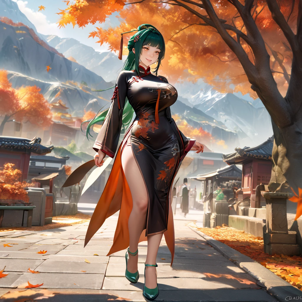 A woman wearing long-sleeved traditional Chinese dress, green hair, long hair, hair ornament in traditional Chinese aesthetic, green heels, orange eyes, walking on a concrete sidewalk, with trees in autumn aesthetic, orange leaves, background with large mountains , smiling, big breasts, daytime location,..UHD , prime work , accurate , anatomically correct , textured skin , super details , high quality , best quality, 8k, high resolution, bokeh effect. (woman solo), realistic, close view
