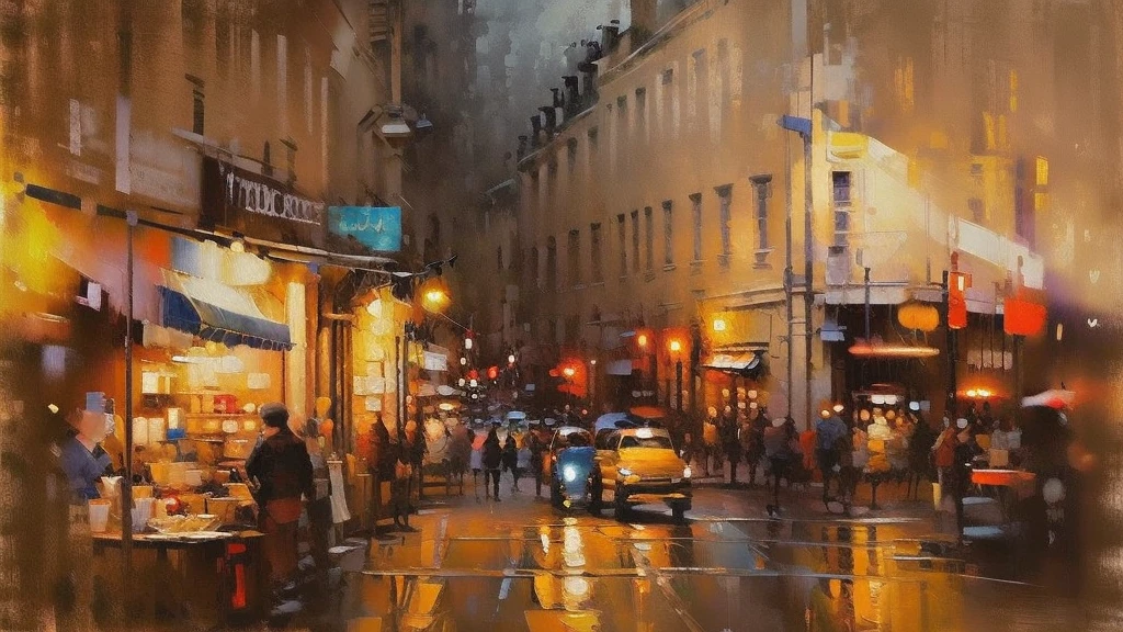 Cityscape print , Paris street cafeteria, night market,  road light, car,  bookstore, Long Shot, A broad perspective,  sunset, car両,  Artistic Oil Painting,
