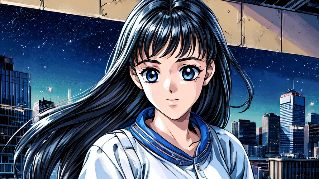 ((masterpiece)),(((Highest quality))),((Super detailed)) Realistically, 1 Girl, beautiful, Wearing headphones, One person　 night景を見てる, city, Starry Sky, building, night.　Long Black Hair　The wind is blowing　sexy