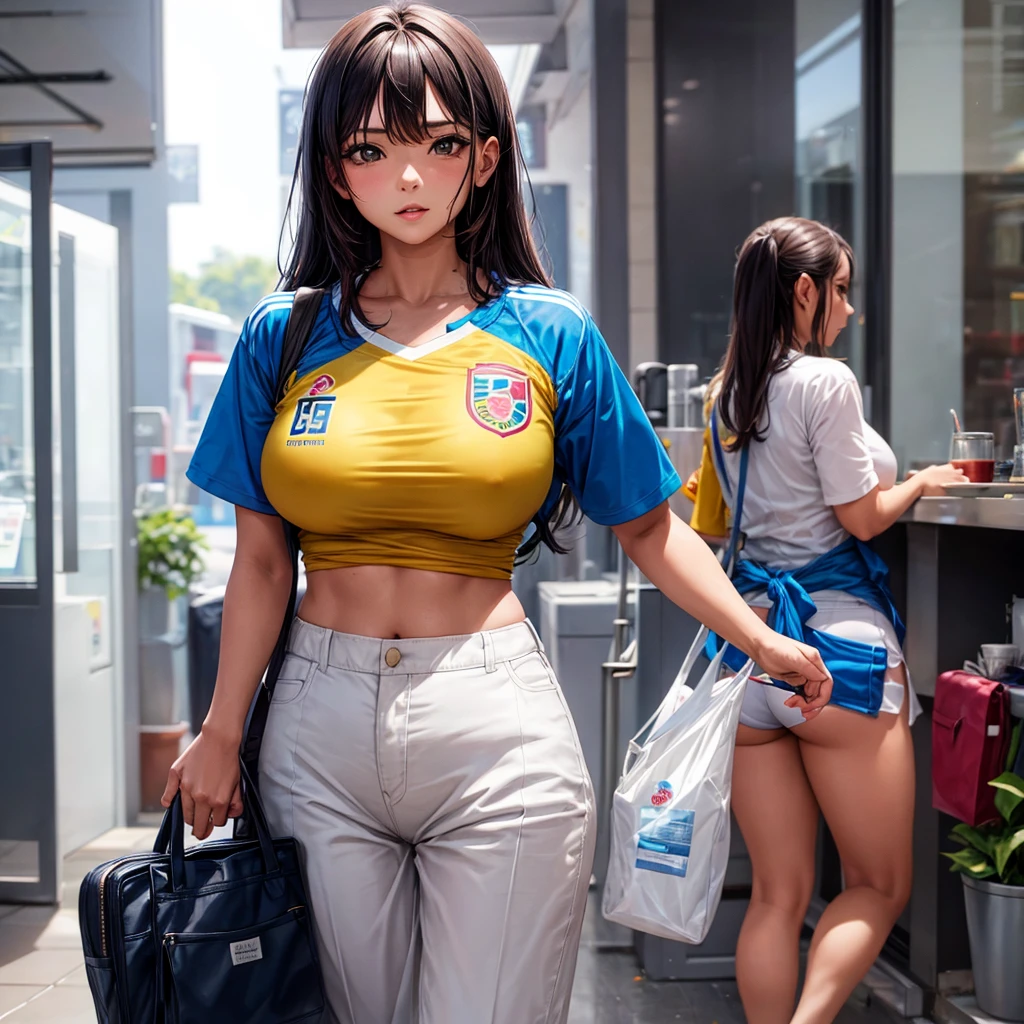 Woman dressed in a shirt from the Colombian national team so that her tits can be seen