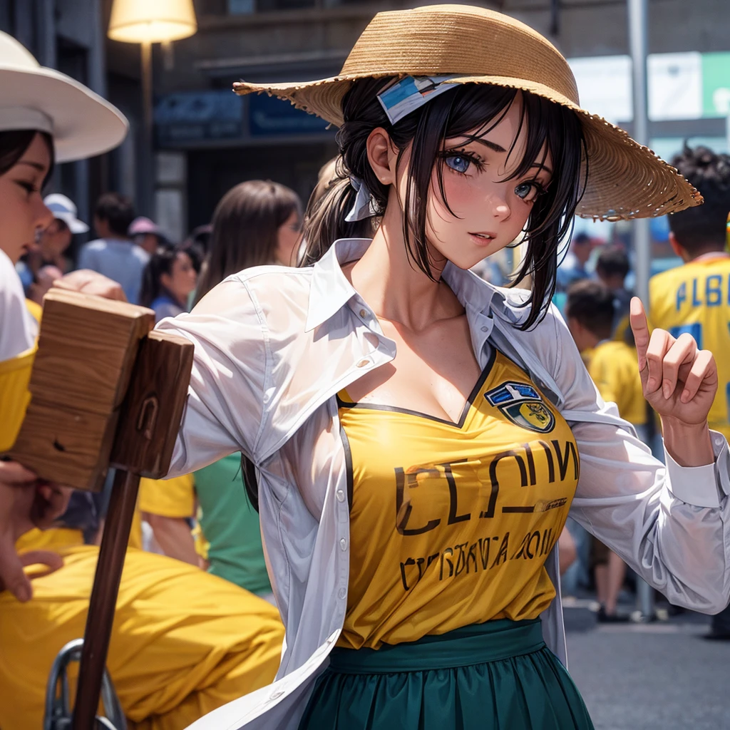 Woman dressed in a shirt from the Colombian national team so that her tits can be seen