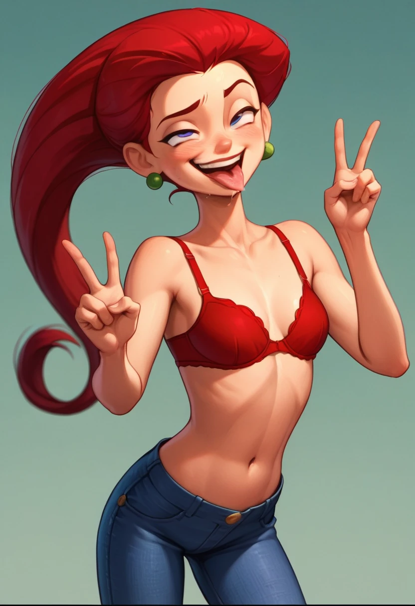 jessie, Red hair, peace sign, ahegao, tilt your head, ((Red bra)), cowboy shot, coxas nuas, ((short jeans curto)), 1 girl, alone, salient smile, gazing at viewer, whole body, poses photos, best qualityer, no flaws
