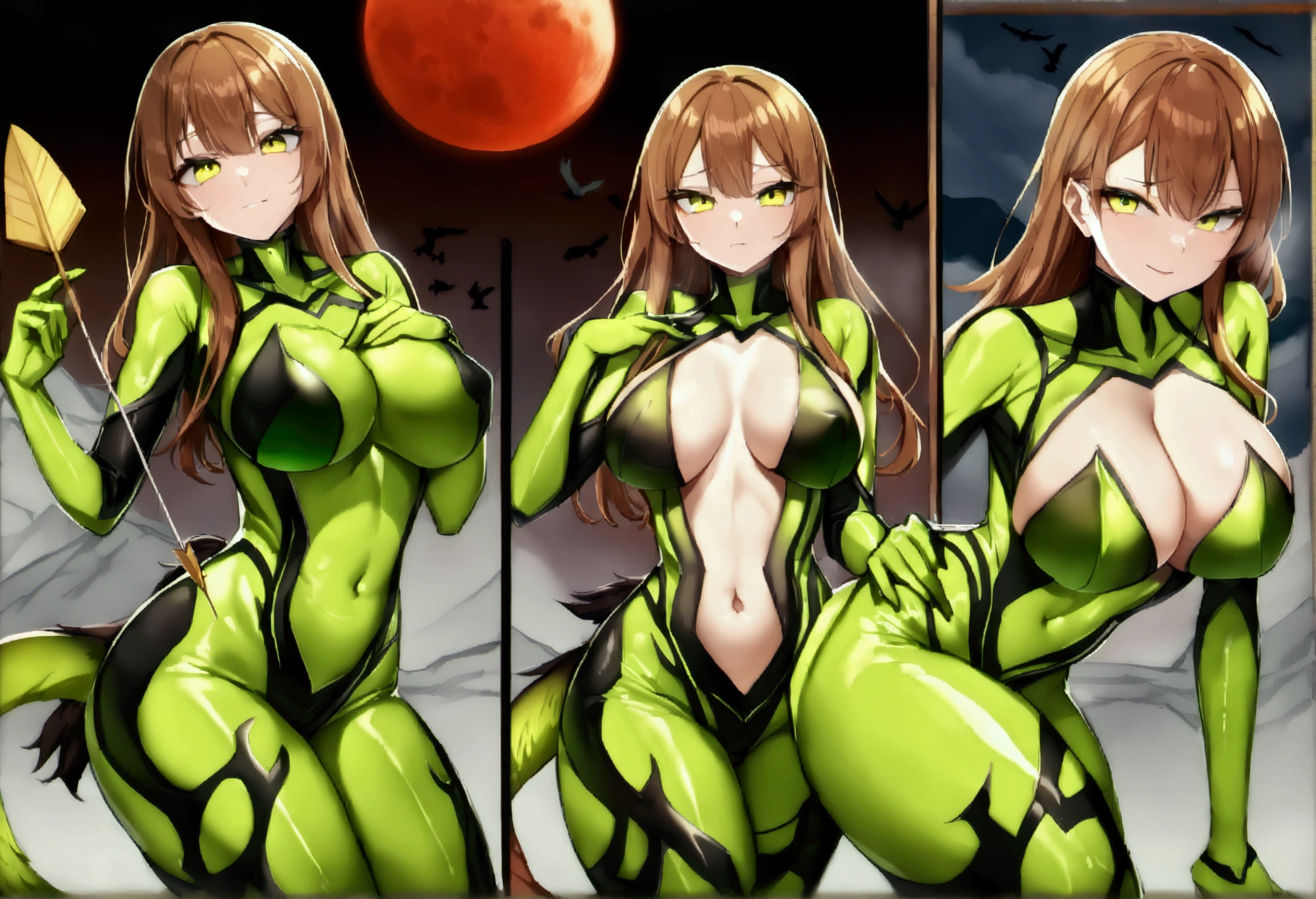 長い髪を持つbeautifulアニメ風のバードレディ,((Rin々Beautiful bird)),(((White and brown hair)))Long one curl hair,(((Highest quality)))Transparent Hair,Evil Face,Eyes full of sadism,(((Yellow-green eyes))),Greedy Beauty,(((A well-defined, glamorous body)))((Huge bust))Tight waist,(((Wearing a body suit)))A radical beauty in a risqué bodysuit,(Shiny bodysuit),Bird wings,Bird's Tail,((Extreme bodysuit)),((A bodysuit that exposes the chest, navel, and thighs)),((Fair skin)),beautiful,(((Archer readying))),((Holding a bow in his right hand,The statue is posing with an arrow in its left hand.)),(((detailed)))Full Body Shot,eagle(((background)))fog,Red Moon,Barren Land。