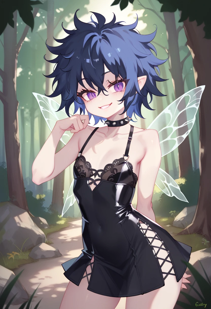 score_9, score_8_up, score_7_up, best quality, masterpiece, prefect lighting, source_anime, (((Watercolor))), ((anatomically correct)),1girl,(short dress:1.4),(messy hair:1.5),(lingerie:1.4),((leather accents)),((spiked jewelry)),black dress,((fairy wings)),(blue hair),short hair,messy bangs,ultra-detailed face,beautiful detailed eyes,((narrowed-eyed)),violet eyes,flat chest,smug expression,exaggerated pose,solo,
Dynamic portrait,
((woods)),stream,(fantasy) 