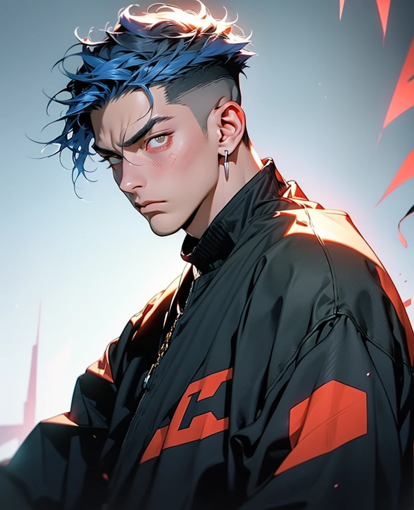 highest quality, 8K, high resolution image, anime style Jujutsu Kaisen, (Gilgamesh | Fate), detailed strokes, bored look , blurred, purple light reflecting from it, (close angle), 1 man, young, male, model, hand in pocket, cool guy, multicolored Background with various geometric shapes, around stickers, muscular, Blue hair, Red eyes, short Hair, Blue hair, highlighted hair ,swollen chest, He is wearing a black sportjacket and black sweatpants, Black Sportjacket, black sweatpants and a gold link chain, sweatpants, Background: Room,