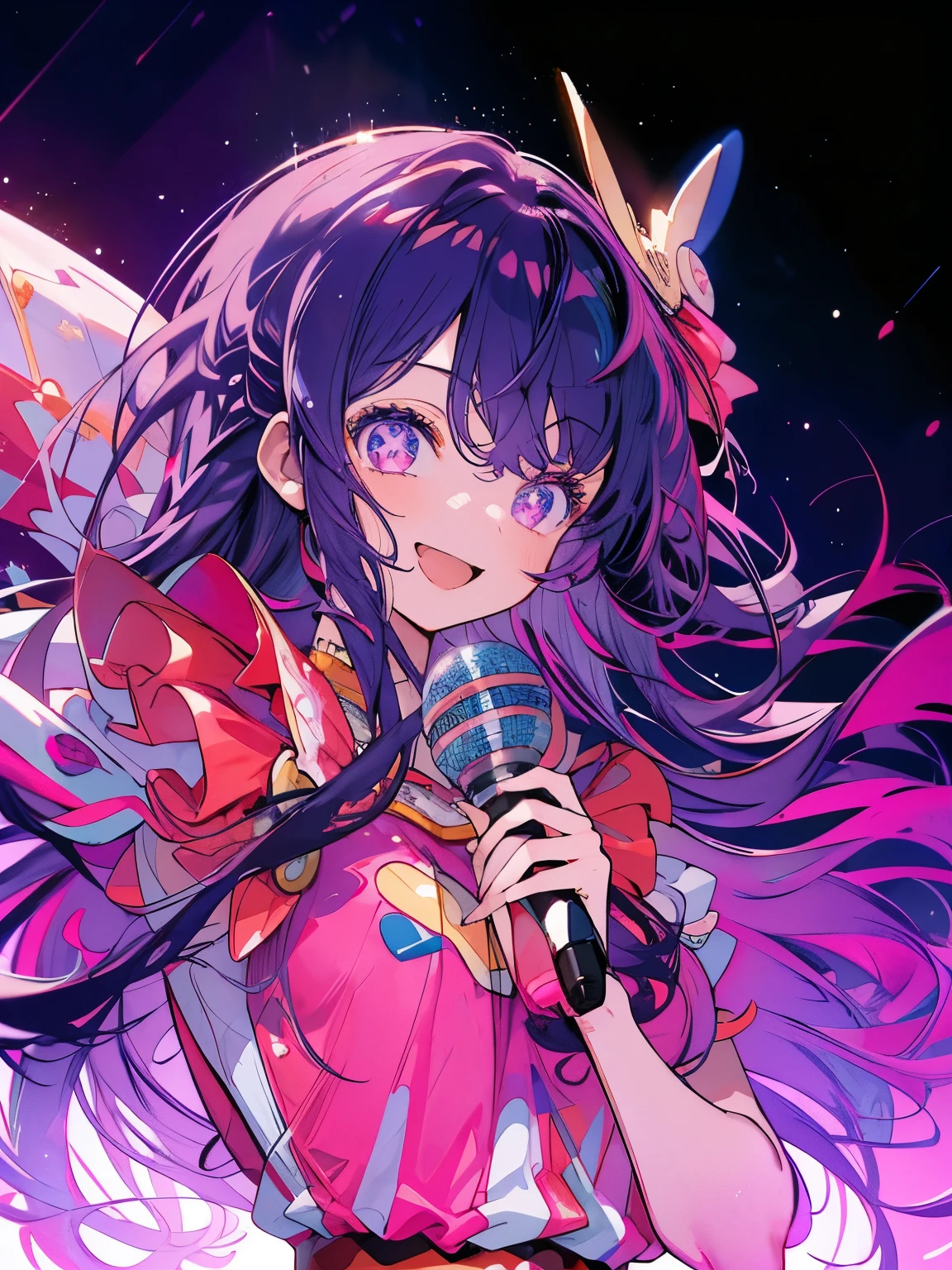 masterpiece、Cute Anime Girl、hoshino ai、Purple Hair、Long Hair、Purple eyes、Red costume、Bunny hair accessory、(((Hold the microphone)))、smile、Shining Background、Starry Ski、Upper Body