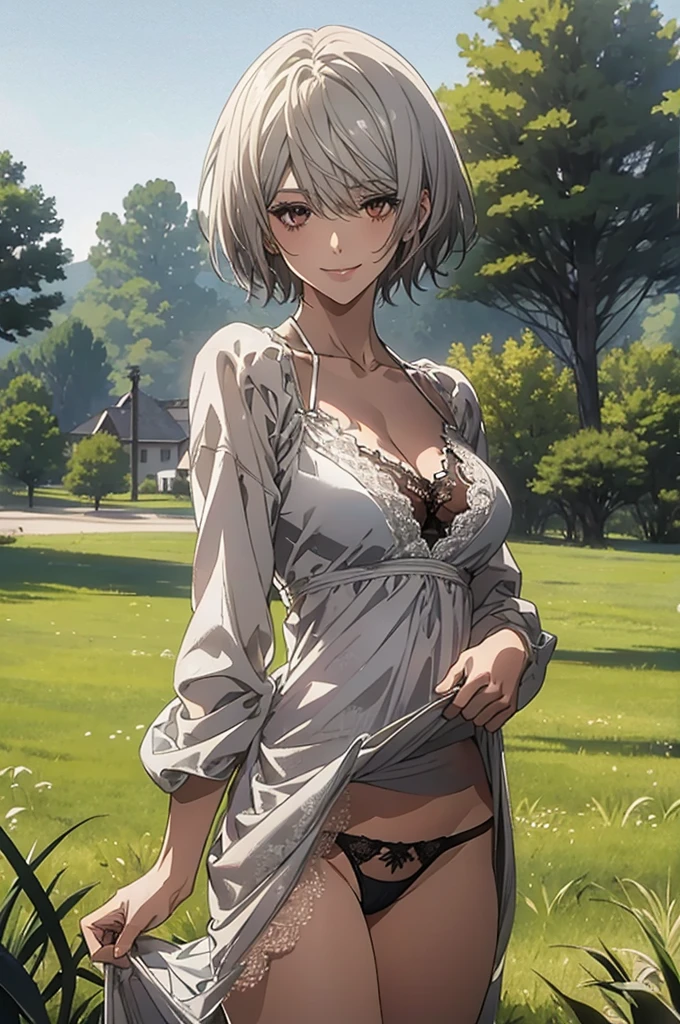 (Highest quality, High resolution, Very detailed), Silver Hair, Super short hair, Reddish brown eyes, white maxi dress, lace thong, Large Breasts, 24th generation, Beautiful woman, mature, quiet, Calm, A small smile, park, Grass, blue sky,