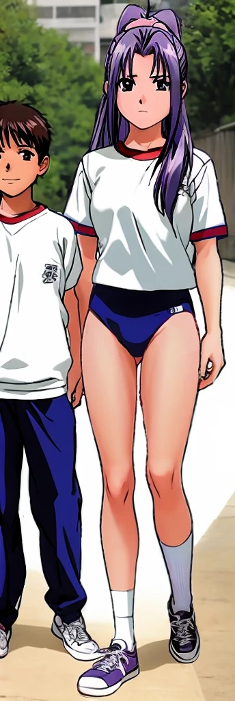 Momoko Koigakubo, a tall girl with beautiful legs, is standing with a smile on her face in a white gym uniform and light navy blue bloomers that look like panties.。Momoko Koigakubo is holding a -grade earing a tracksuit next to her.。