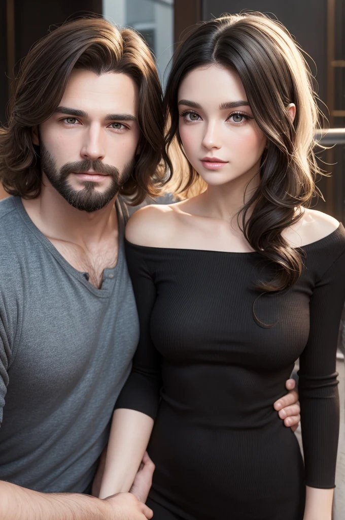 Couple, A white man, with a short beard and a brunette woman with wavy black hair and blonde highlights in 3D.