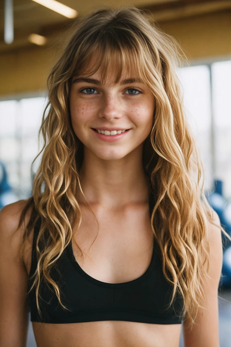 realistic photo of a 17-year-old girl, beautiful face, cute appearance, long wavy blonde hair with bangs, freckles, wearing gym outfit, standing at gym , relaxed expression, brimming with emotion, interplay of contrast along with detailed light and shadow, depth of field, dark atmosphere, sexy