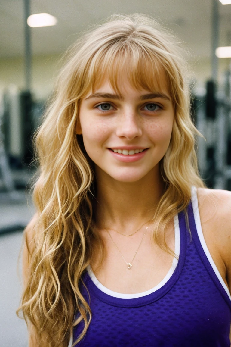 realistic photo of a -yeld gi beautiful face, cute appearance, long wavy blonde hair with bangs, freckles, wearing gym outfit, standing at gym , relaxed expression, brimming with emotion, interplay of contrast along with detailed light and shadow, depth of field, dark atmosphere, sexy