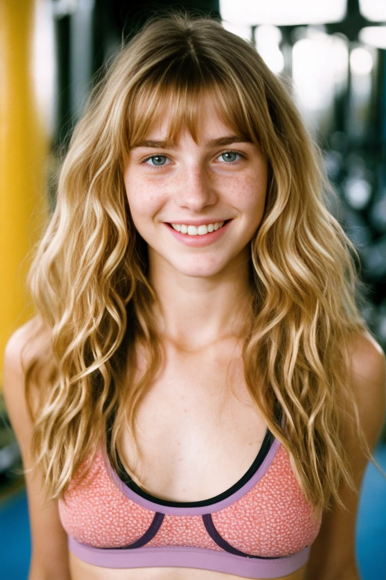 realistic photo of a -yeld gi beautiful face, cute appearance, long wavy blonde hair with bangs, freckles, wearing gym outfit, standing at gym , relaxed expression, brimming with emotion, interplay of contrast along with detailed light and shadow, depth of field, dark atmosphere, sexy