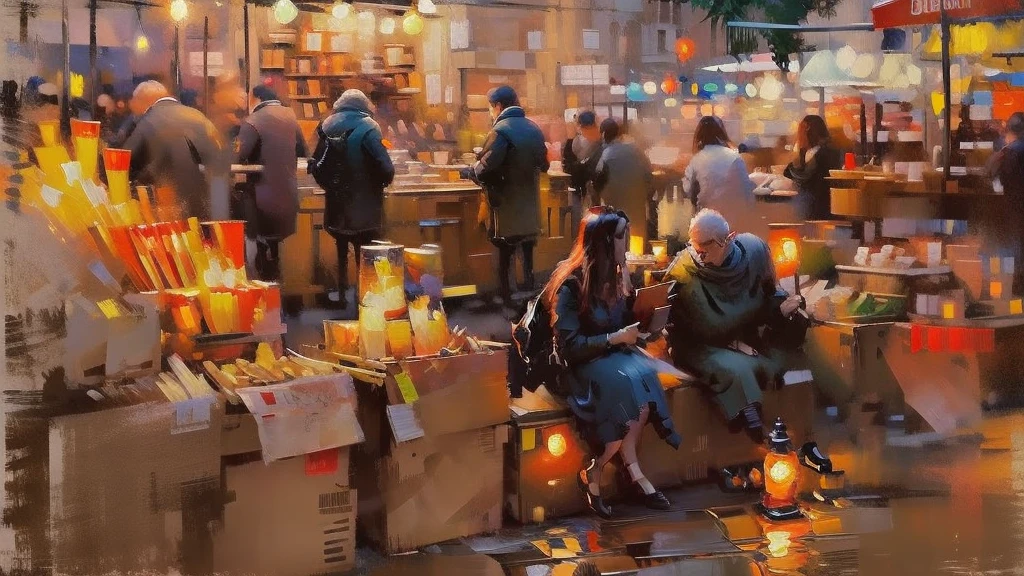 Cityscape print , Paris street cafeteria, night market,  road light, car,  bookstore, Long Shot, A broad perspective,  sunset, car両,  Artistic Oil Painting,