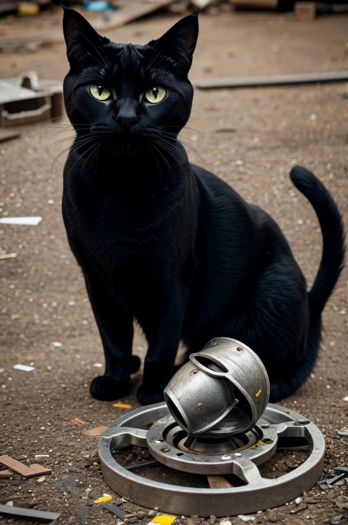 a black cat (Of scrap metal) inside (toy shaped).