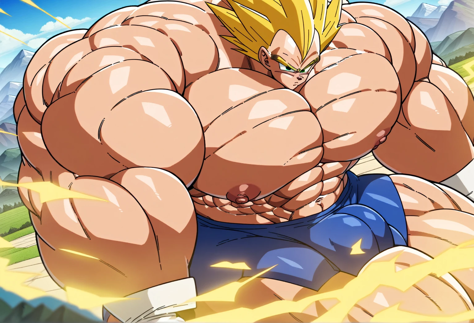 1boy, Vegeta, from Dragon Ball Z, masterpiece, best quality, very aesthetic, absurdres, saiyan, green eyes, spiked hair, (yellow hair:1.5), shirtless, blue skintight pants, white gloves, (huge muscles:3), Dragon Ball Z artstyle, in the style of Akira Toriyama, white tiled floor, outdoors, flat-top mountains, yellow aura, electricity, (mountains and sky in background:2), (visible abs:2), nipples, white gloves, white boots, calves, (huge thighs:2)
