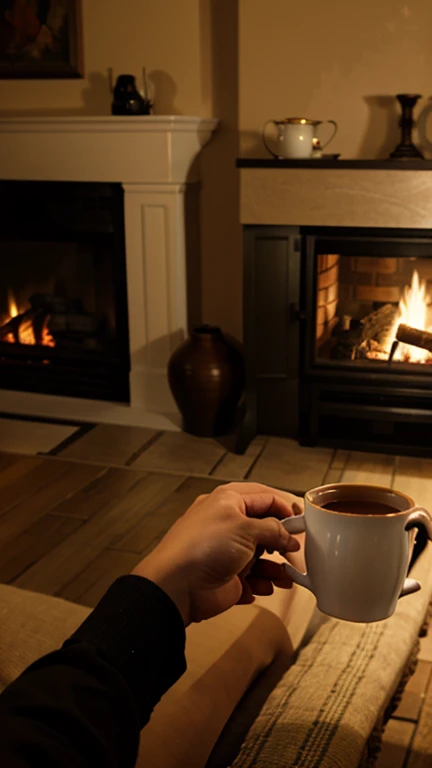 holding tea cup, near a fireplace, Living room

