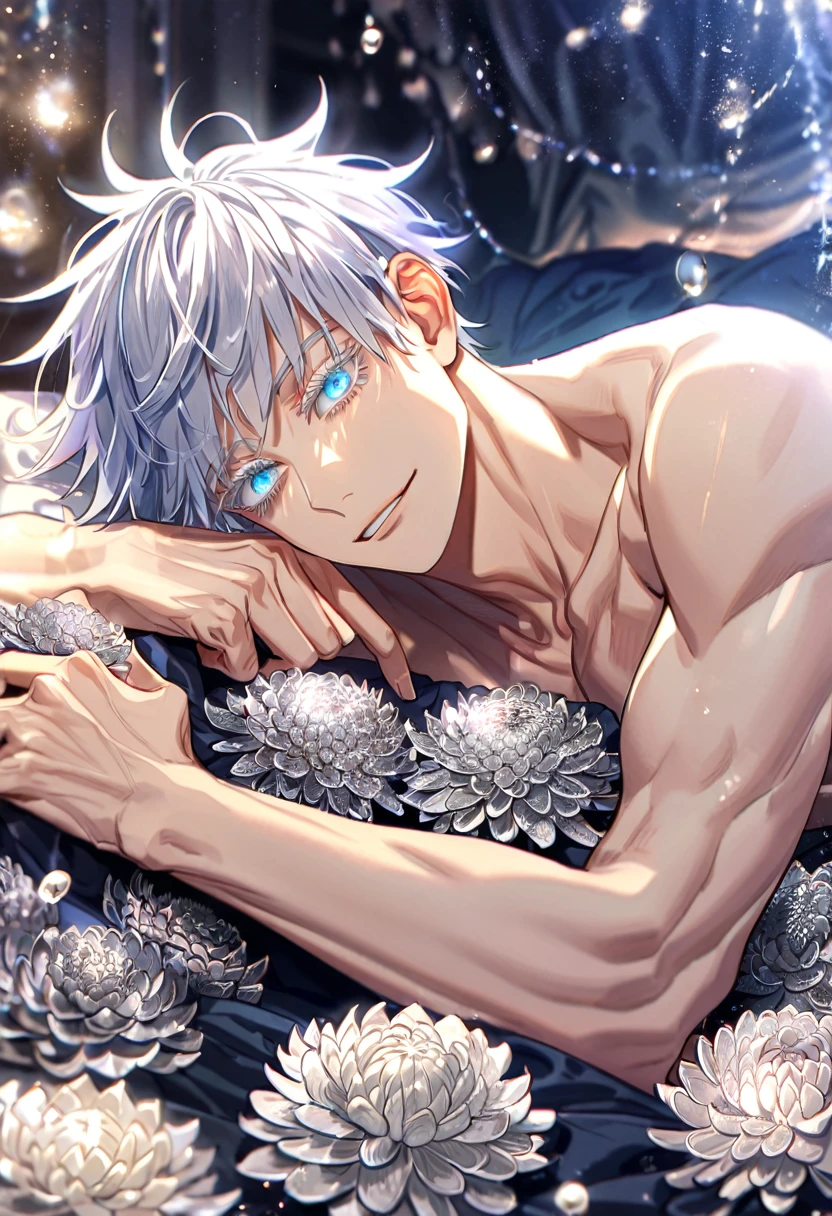 absurdres, highres, ultra detailed, HDR, master piece, best quality, extremely detailed, Gojou Satoru, white hair, expressive blue eyes, white eyelashes, Jujutsu Kaisen, solo, sexy man, handsome, smile, sensual, toned chest, bare chest, fantasy, room, sparkling, silver glittering fireflies, silver blossoms, silver chrysanthemums, silver sparkling lights, starry sky, magical