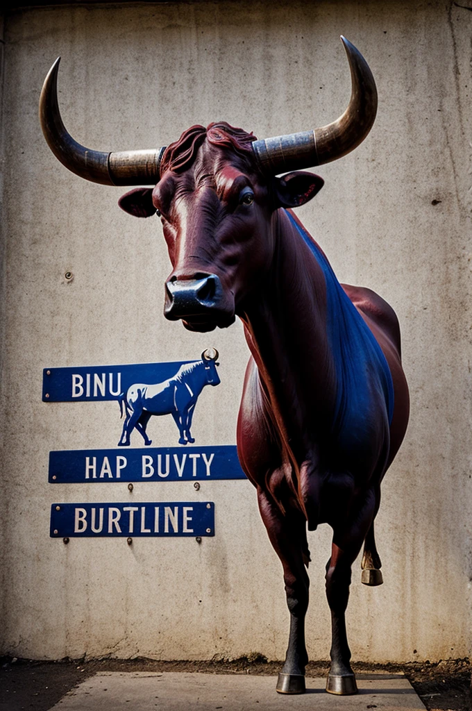 metal sign, burgundy and blue color, with a bull standing on top