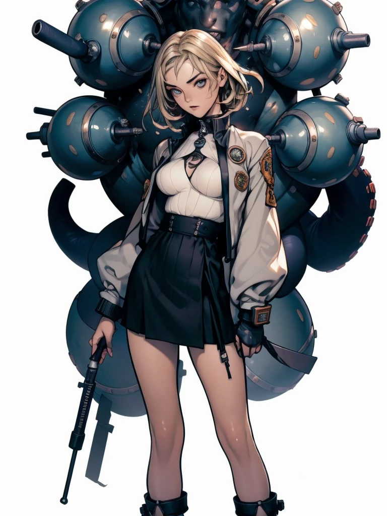 (((Annie Lennox))), ((( transparent dark grey blue suit ))), (((bandaged arms))), ((high collar)), (((Blonde and redhead))), (((micro skirt with vertical seams))), (((best qualityer: 1.4))), (Unbeatable masterpiece), (hiper HD),(CG 8k hyper-realistic), (((brave face))), (((breasts big))), (((hyper feminine))), sexly girl, Thor,(short or long hair)), ((( sculptural body ))), (((1 Kizi))), Kizi cibernética de 25 anos com perfectbody,,Beautiful and well-groomed face,muscular body:1.2,solid color detailed jacket, (Head to thigh photos), Complex equipment, green dark,long pants,Tight clothes are dark,With white stars and off-white stripes,,,,,Armor Metal Electronic Parts) INFO, Kizi, (((standing alone))), pirralha violent, ((())), sexly, pose de atitude, work of art, post-apocalypse, (((manga style))), bounty hunter, violent, Manic, the way you want, slenderbody, thin but strong, perfectbody, roupa moderna, advanced technology, neon, sleeves with vertical striped pattern, neutral background, (( cowboy shot )). intricate visual