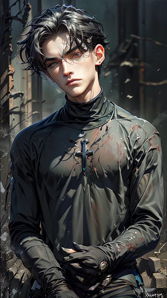 19 year old boy, White skin, wear black clothes, his face expresses sadness and emptiness, his marked jaw, green eyes, marked dark circles, wavy black hair,  wounds in front, blood on his face, blood on his forehead, blood on his hands, like a martyr. In the background you can see an abandoned church and a cross.