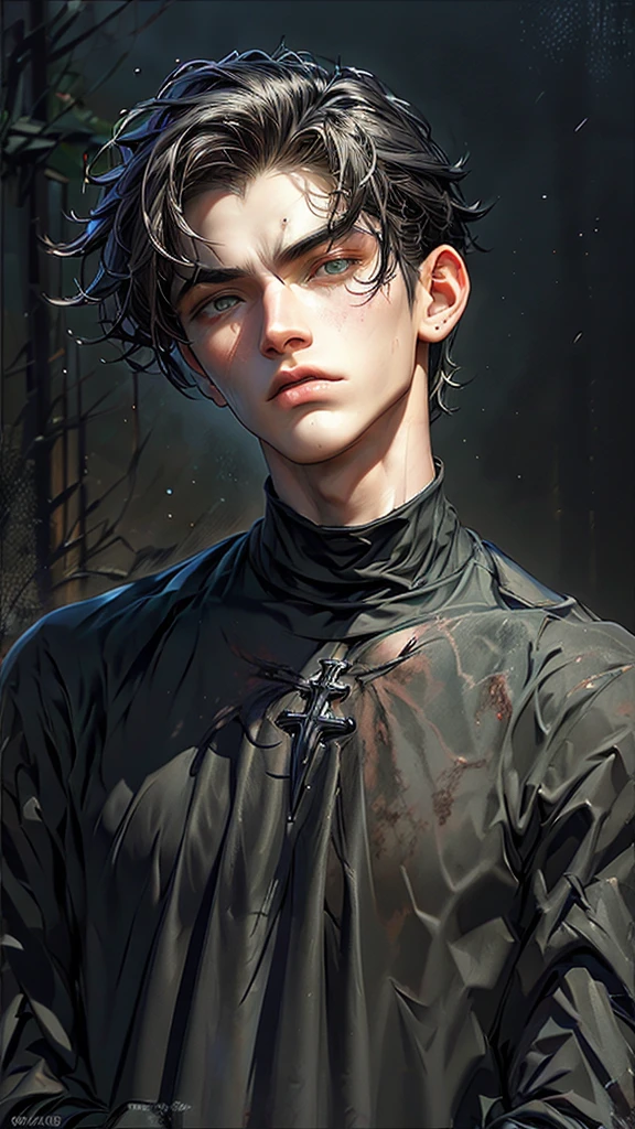 19 year old boy, White skin, wear black clothes, his face expresses sadness and emptiness, his marked jaw, green eyes, marked dark circles, wavy black hair,  wounds in front, blood on his face, blood on his forehead, blood on his hands, like a martyr. In the background you can see an abandoned church and a cross.