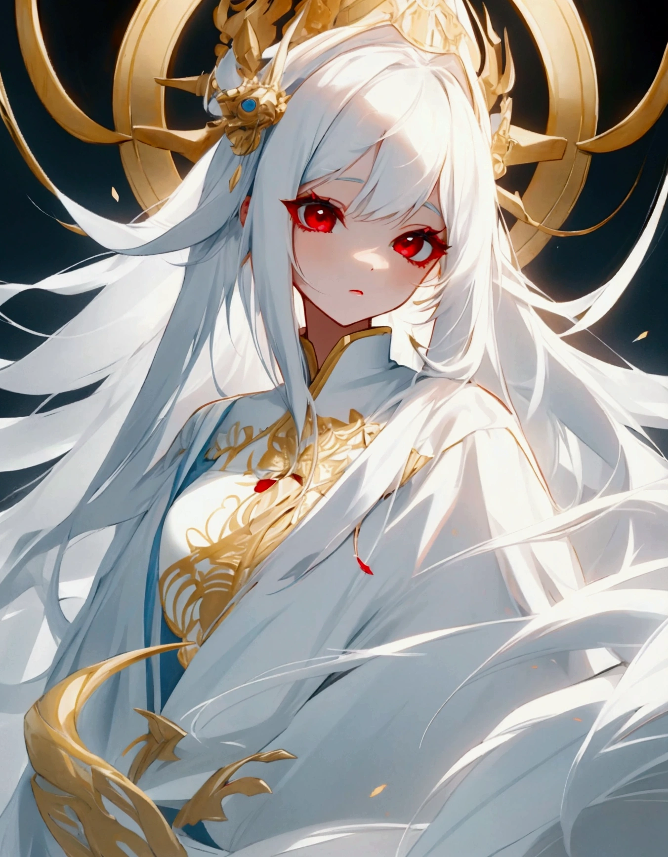 cute girl, with long white hair and white and gold clothes with beautiful red eyes